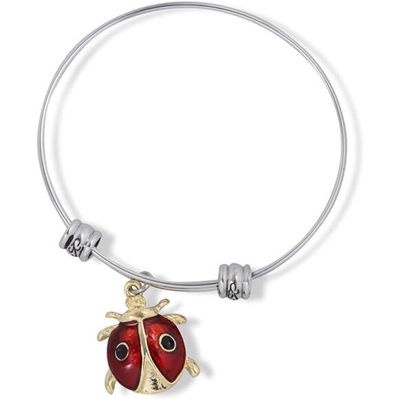 Red and Gold Ladybug with Two Black Dots Fancy Charm Bangle - Picture 1 of 4